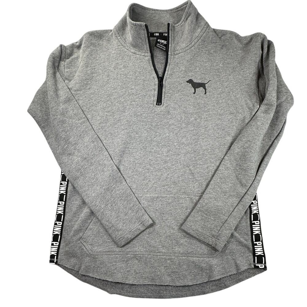 PINK Victoria's Secret Pullover Fleece Quarter Zip Logo Tape Gray